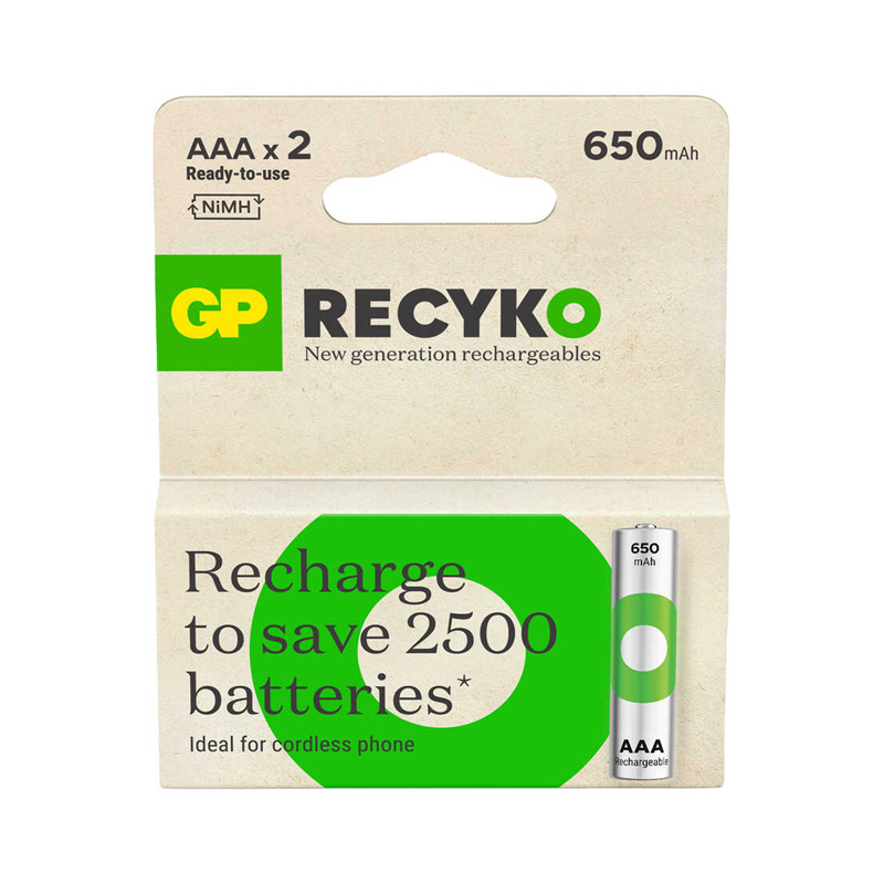 GP Batteries ReCyko 650 AAA İnce Kalem Ni-Mh Şarjlı Pil, 1.2 Volt, 2'li Kart